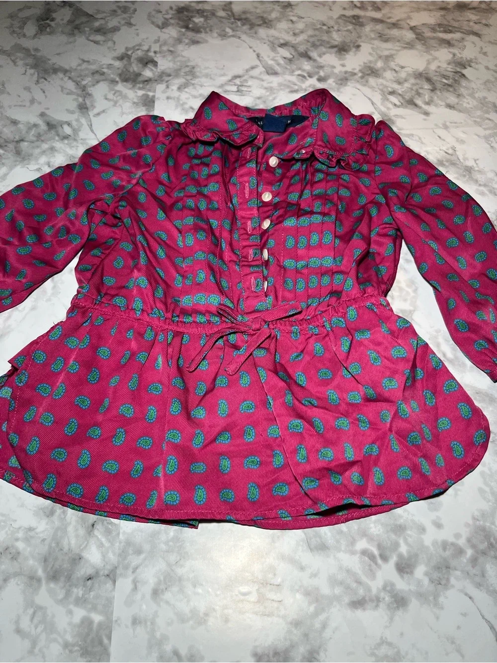 Ralph Lauren Pink Button-Down Peplum Top with Teal Dot Print